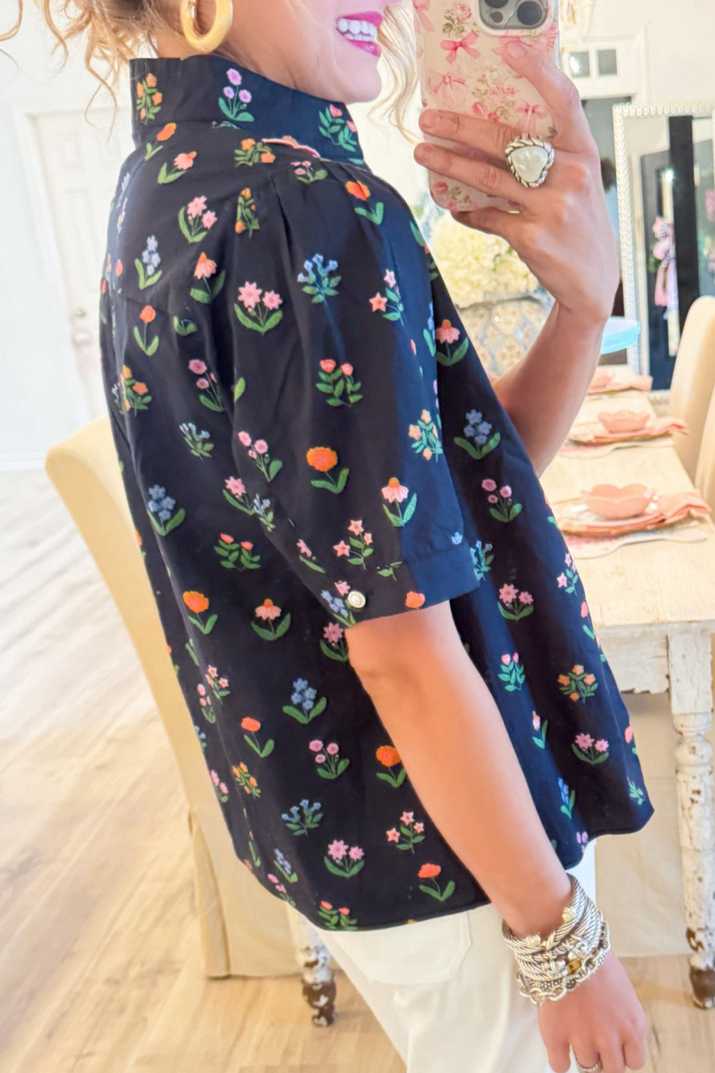 Black Floral Scallop Trim Detail Top