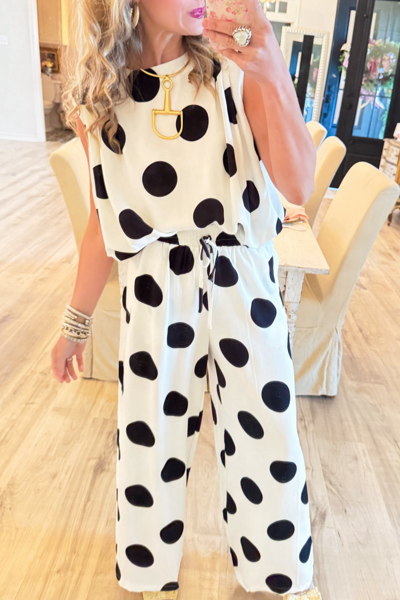 White and Black Polka Dot Pant Set