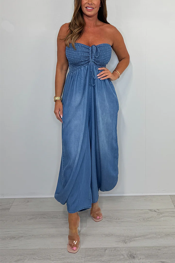 Denim Bandeau Harem Smocked Top Jumpsuit 