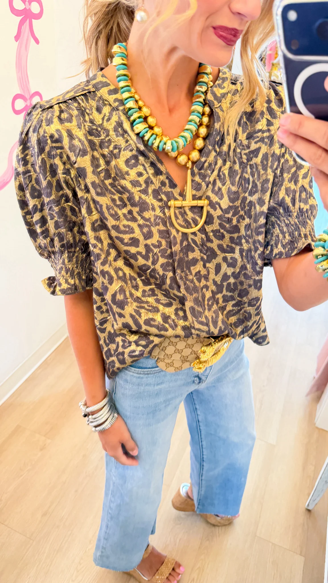 Gold Metallic Leopard Puff Sleeve Top