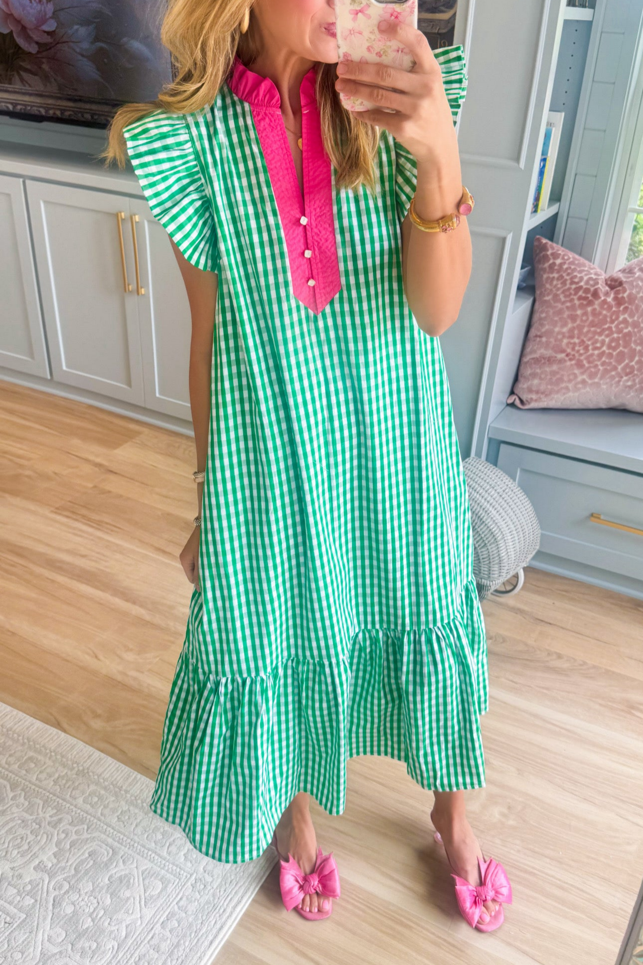 Green Gingham Flutter Sleeve Midi Dress