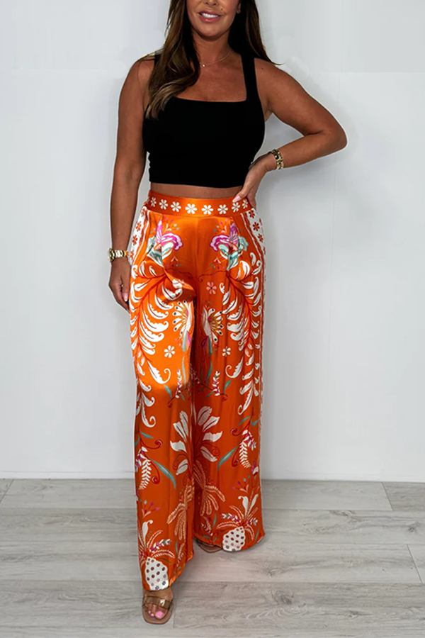 Printed Leaf Print Silky Trousers