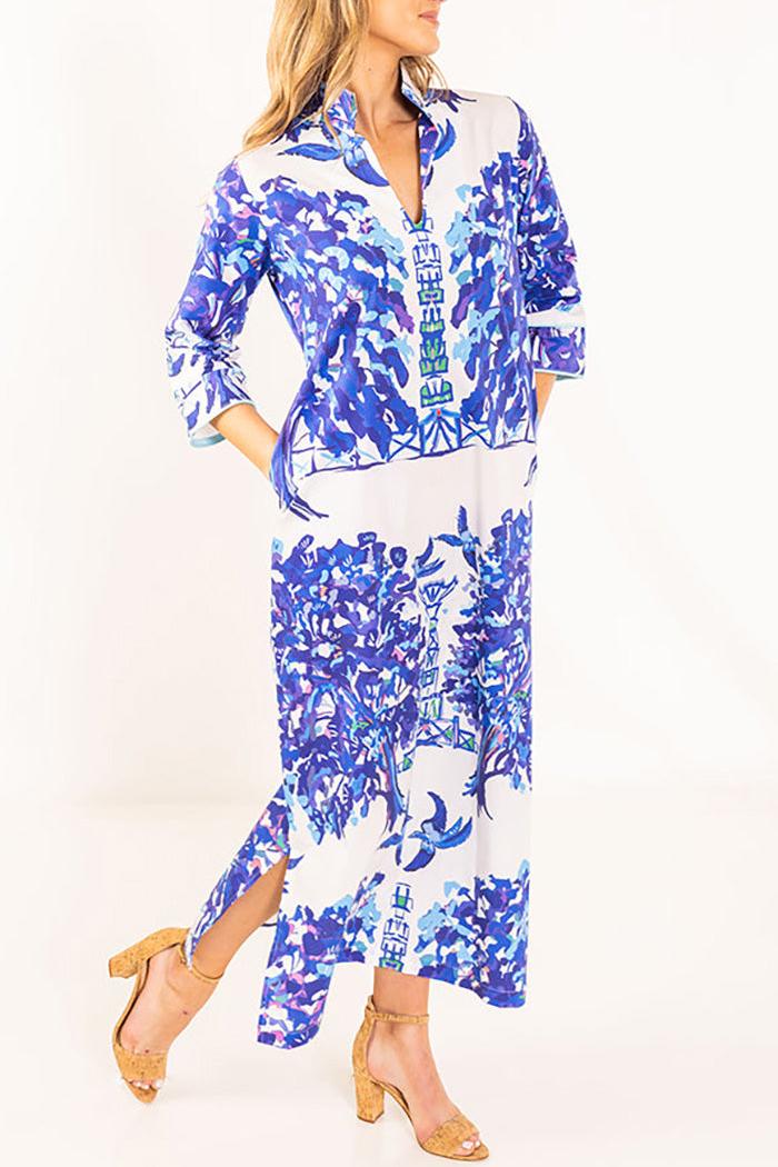 Pocketed Avian Print Maxi Dress