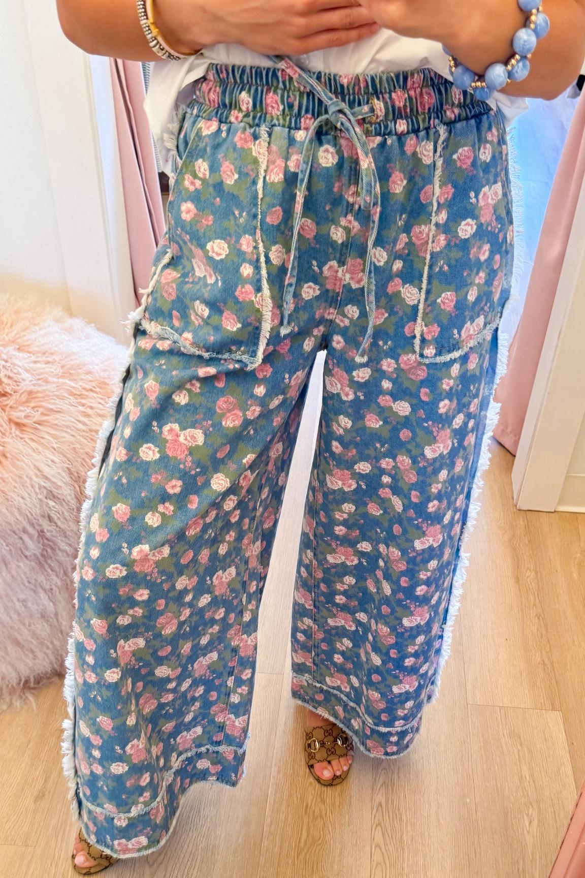 Boho Floral Print Wide Leg Pants