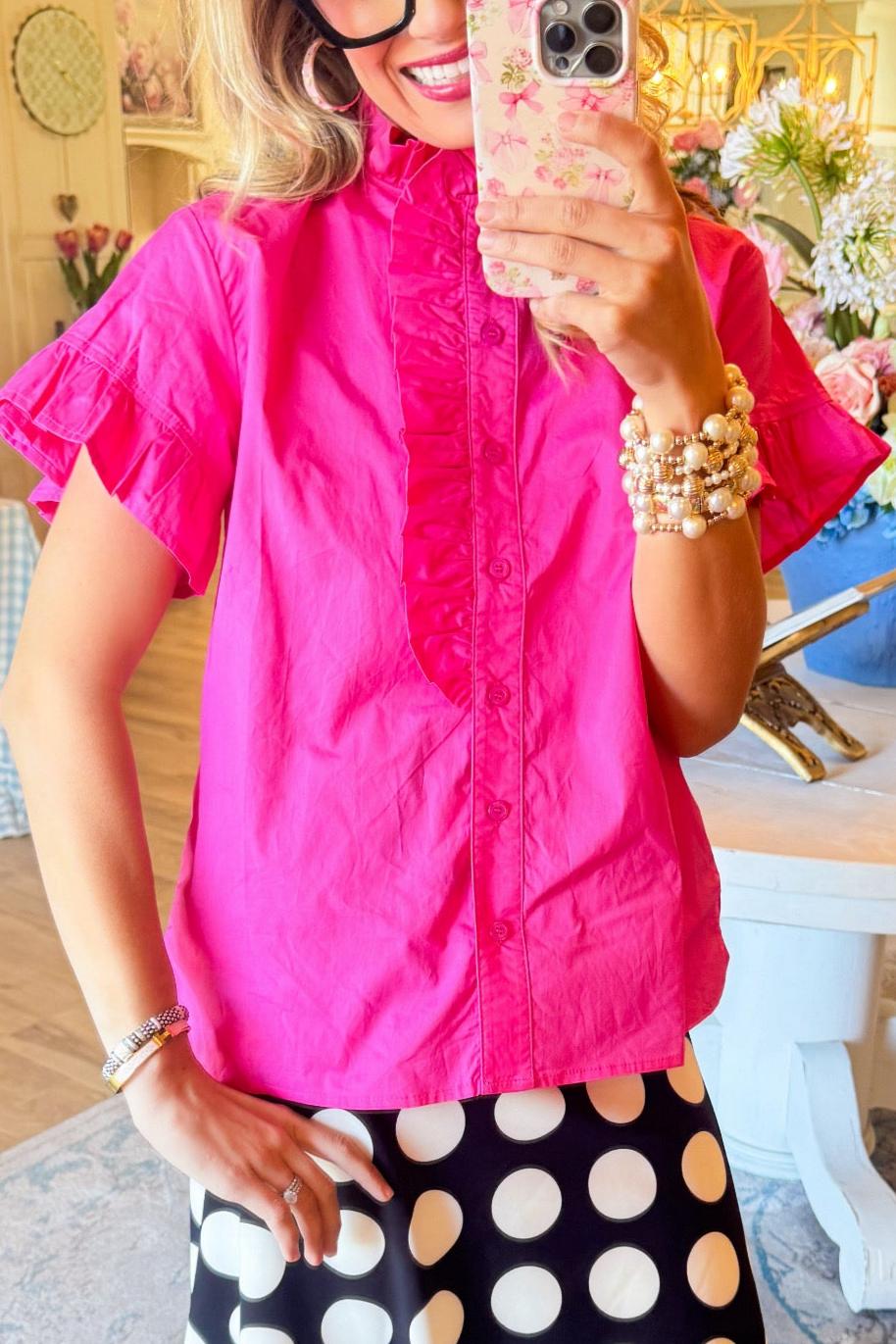Hot Pink Ruffled Button Up Top