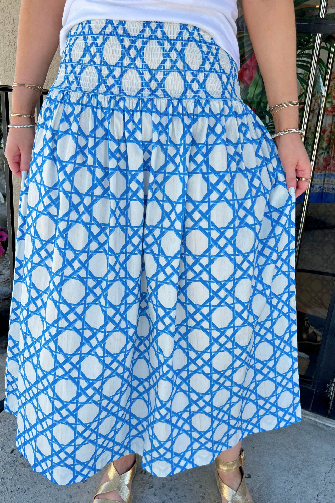 Cane Print Smocked Waist Skirt
