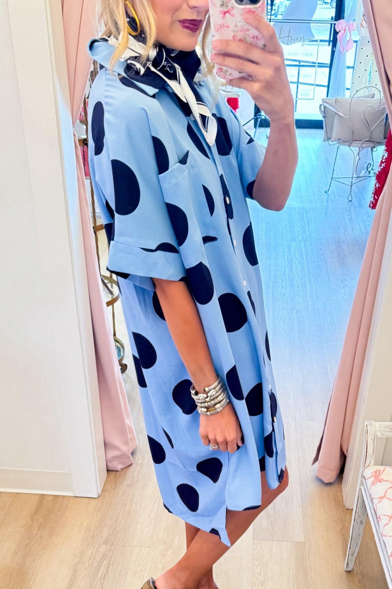 Blue and Navy Polka Dot Shirt Dress