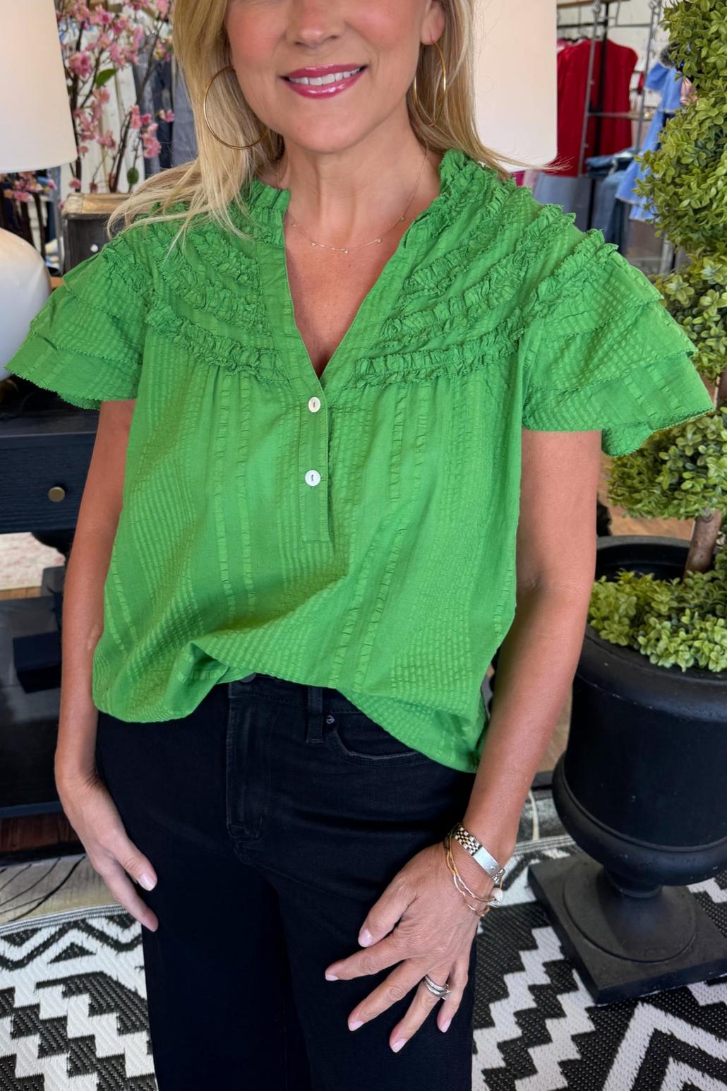 Green Ruffle Sleeve V-Neck Top