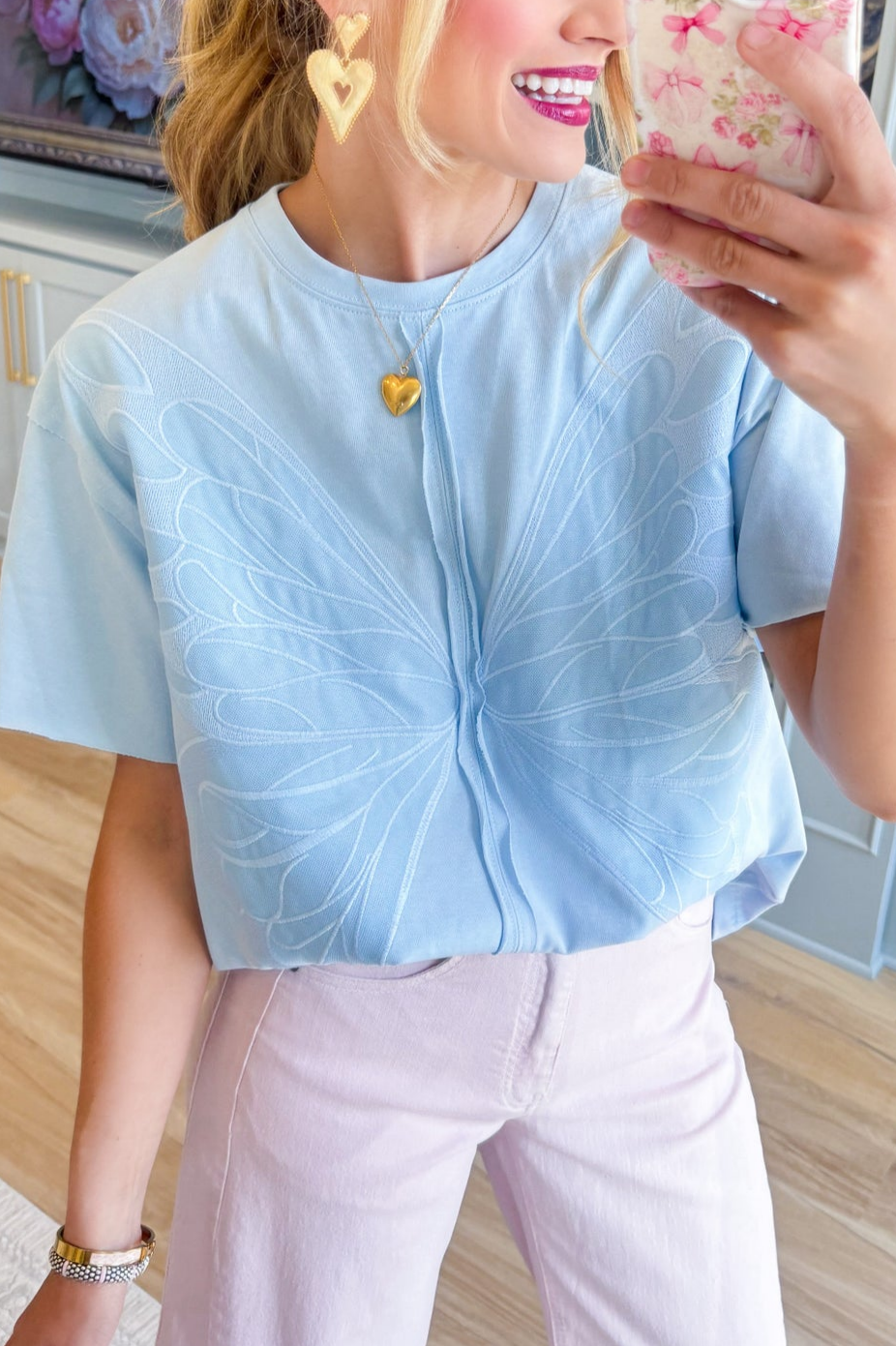 Powder Blue Butterfly Wing Embroidered Top