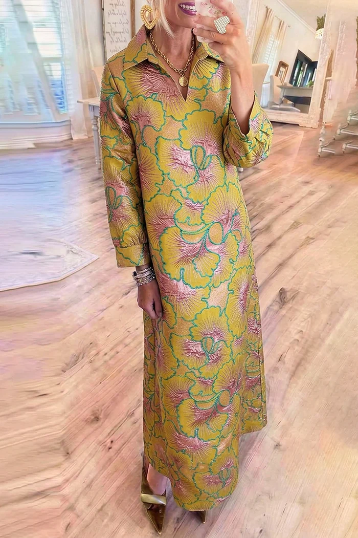 Gold Yellow Floral Jacquard Long Sleeve Pockets Maxi Dress