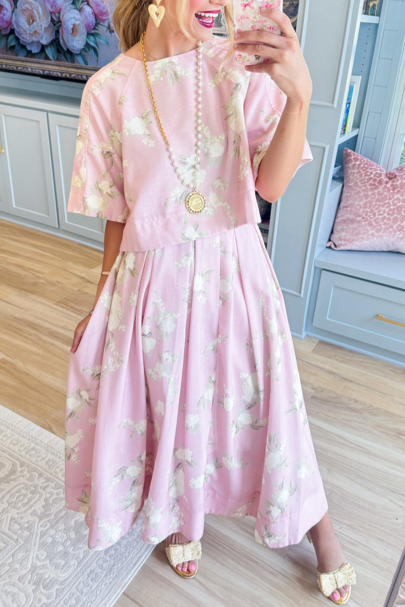 Pink and Cream Floral Print Midi Skirt Set