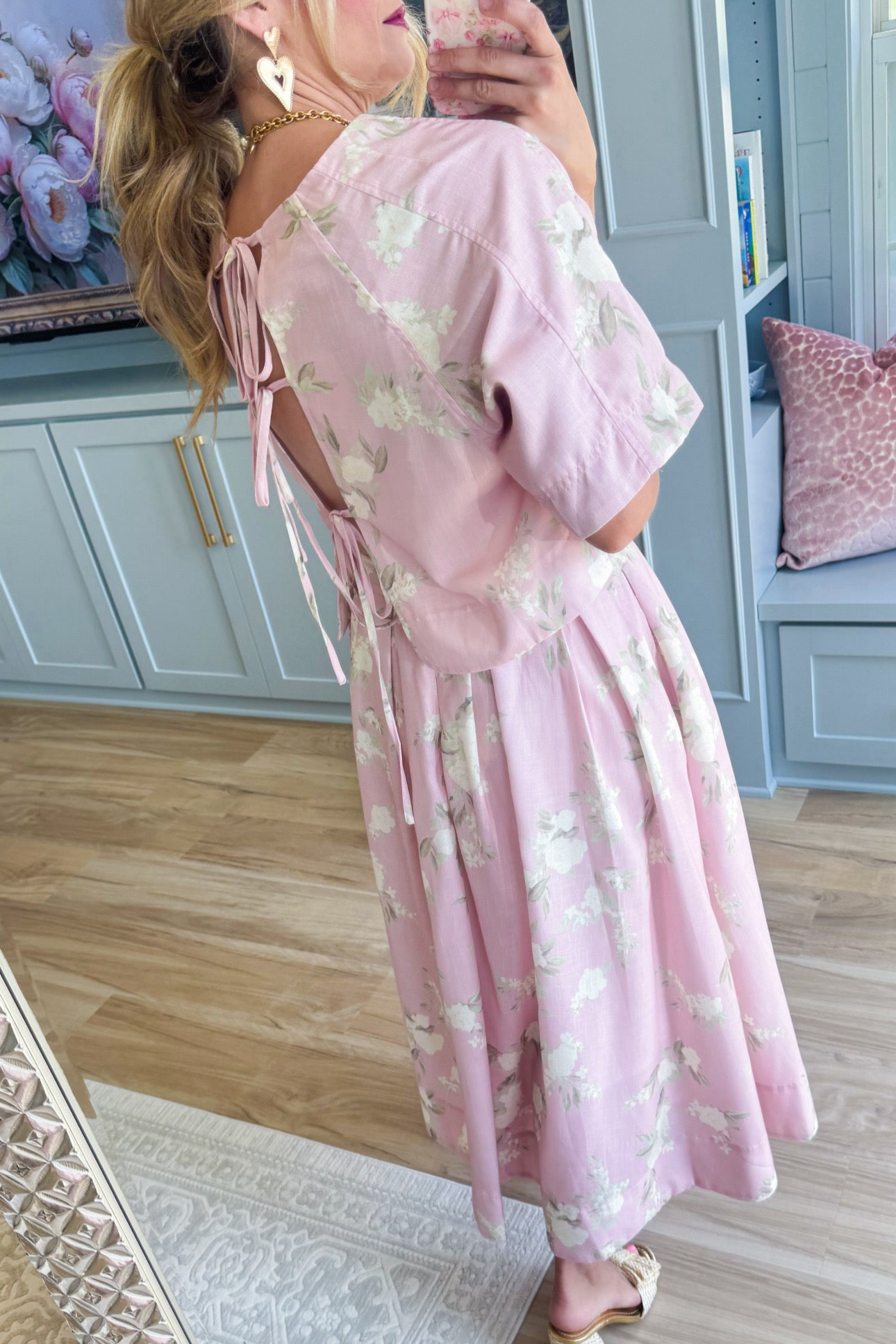Pink and Cream Floral Print Midi Skirt Set