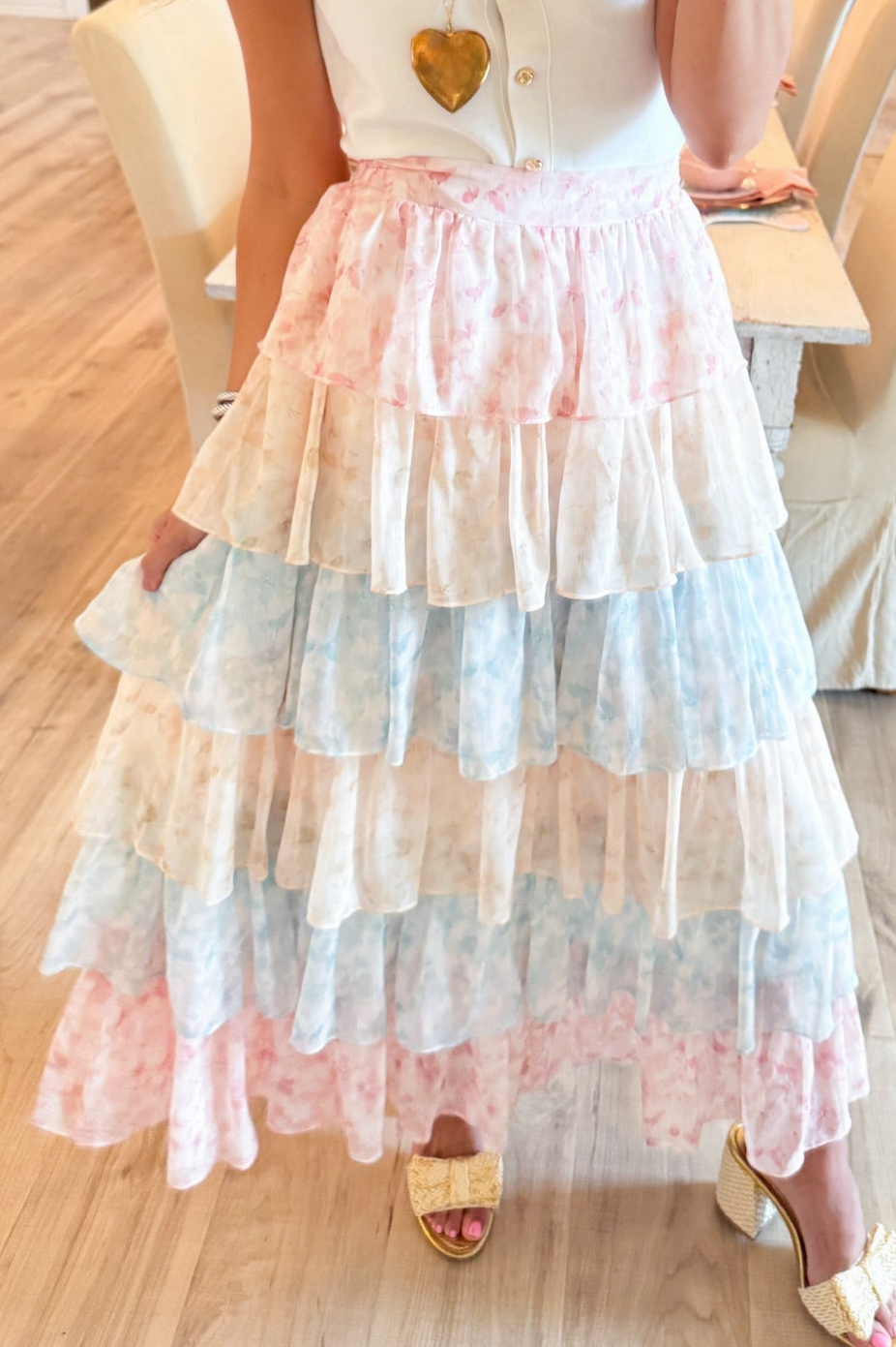 Pink Multi Floral Tiered Maxi Skirt