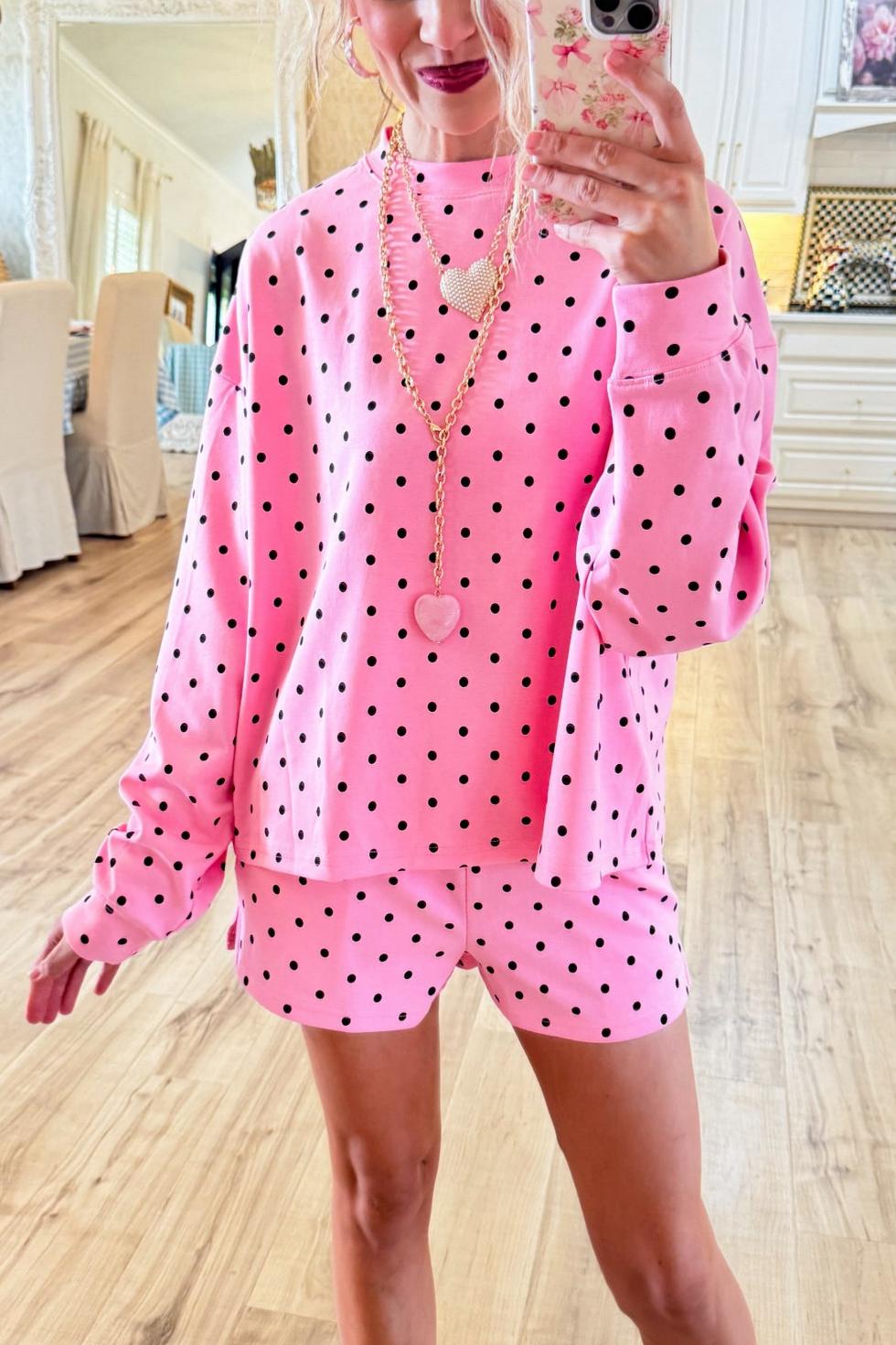 Pink and Black Polka Dot Pullover Short Set