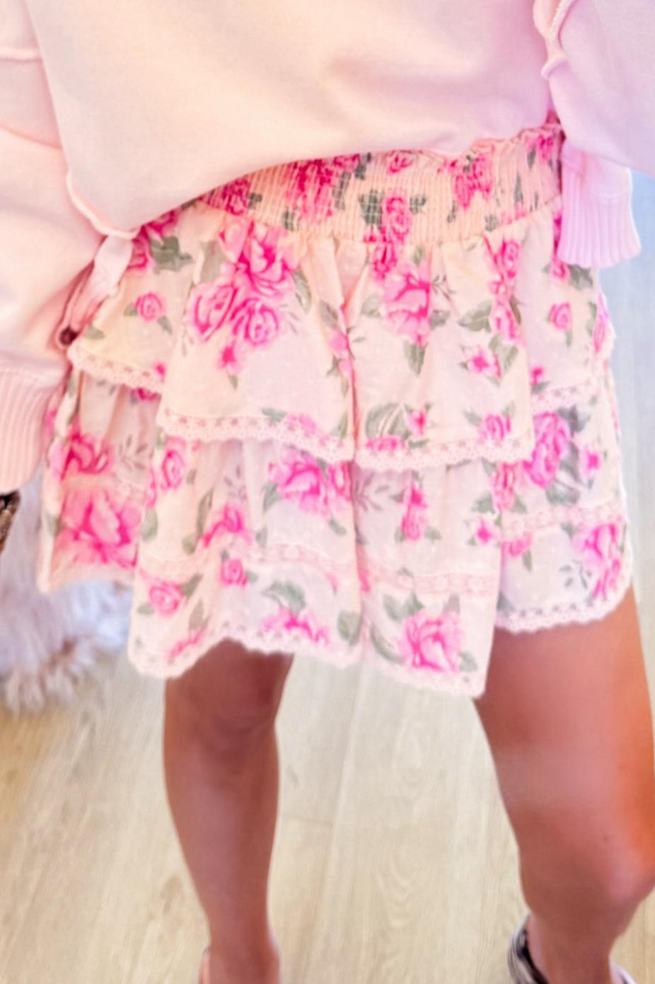 Pink Floral Ruffled Mini Skirt
