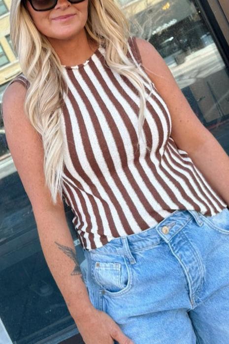 Vertical Stripe Ribbed Knit Sleeveless Layering Tank Top