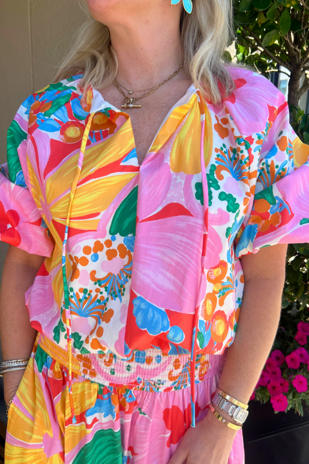 Bright Floral Cotton Blend Bubble Hem Top