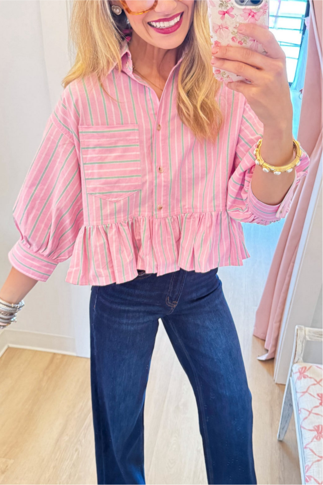 Pink and Green Stripe Ruffle Hem Top