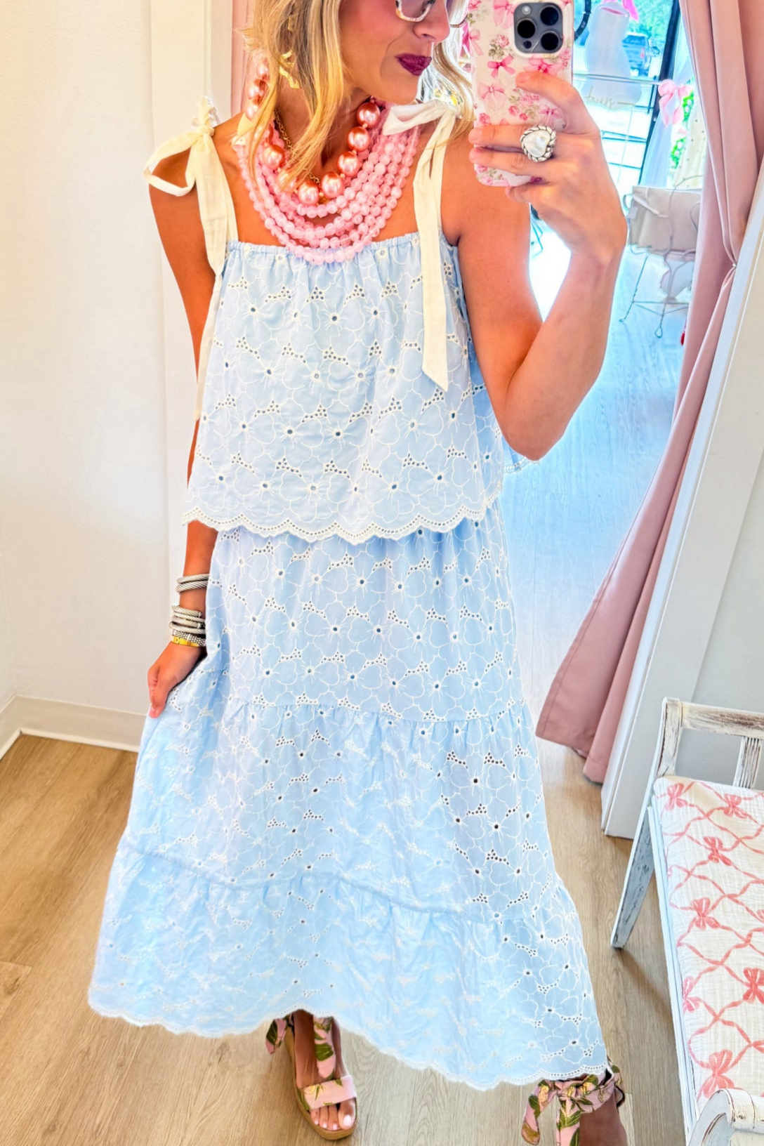 Blue Eyelet Cami Top Skirt Set