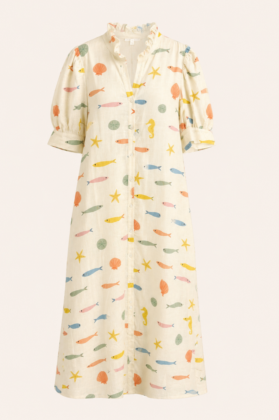 Multi Fish Ruffle Neck Shirt Maxi Dress