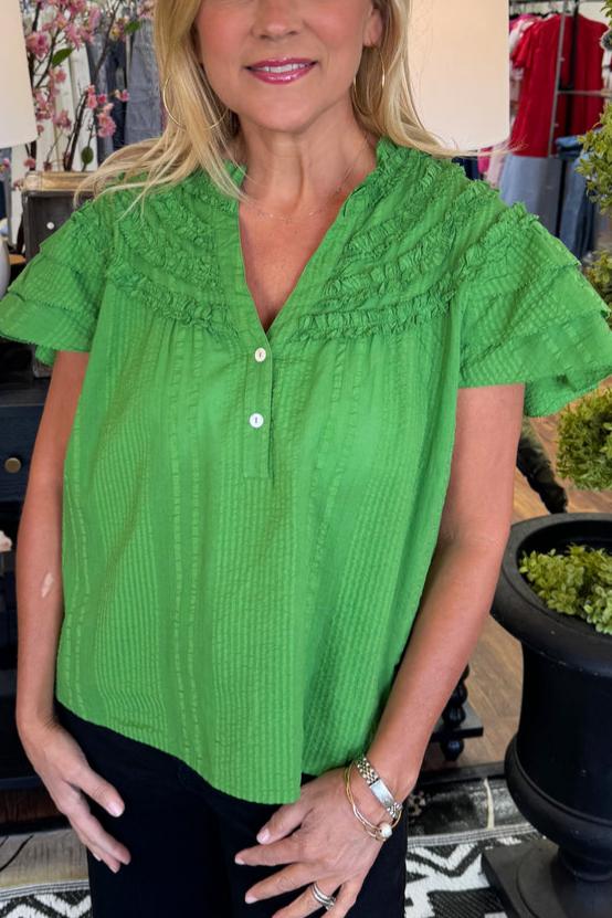 Green Ruffle Sleeve V-Neck Top