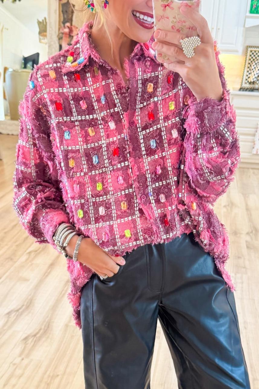 Pink Chic Rhinestone Checkered Shirt