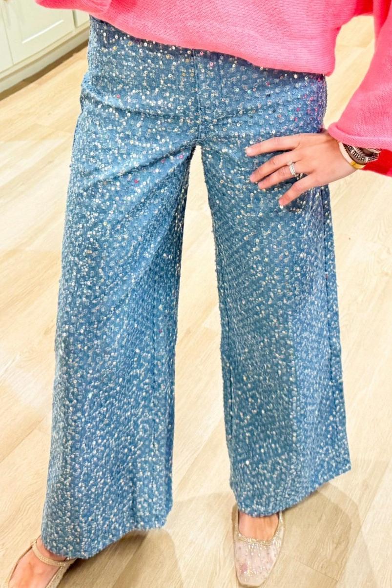 Light Denim Sequin Embellished Jeans