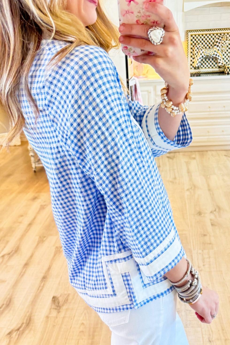 Blue Gingham 3/4 Sleeve Top