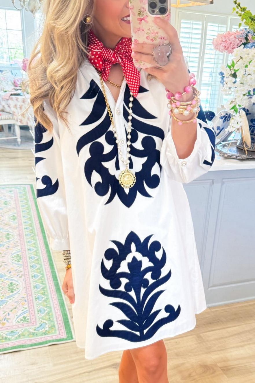 Off White and Navy Contrast Printed Dress