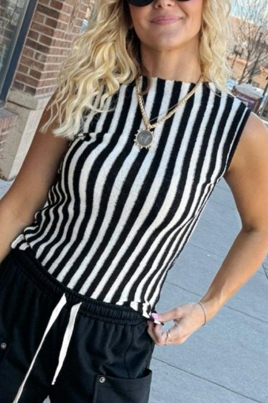 Vertical Stripe Ribbed Knit Sleeveless Layering Tank Top