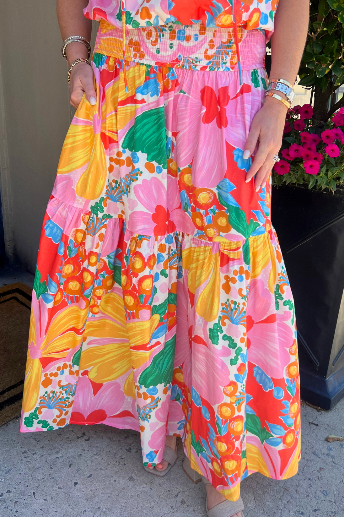 Colorful Floral Smocked Waist Maxi Skirt