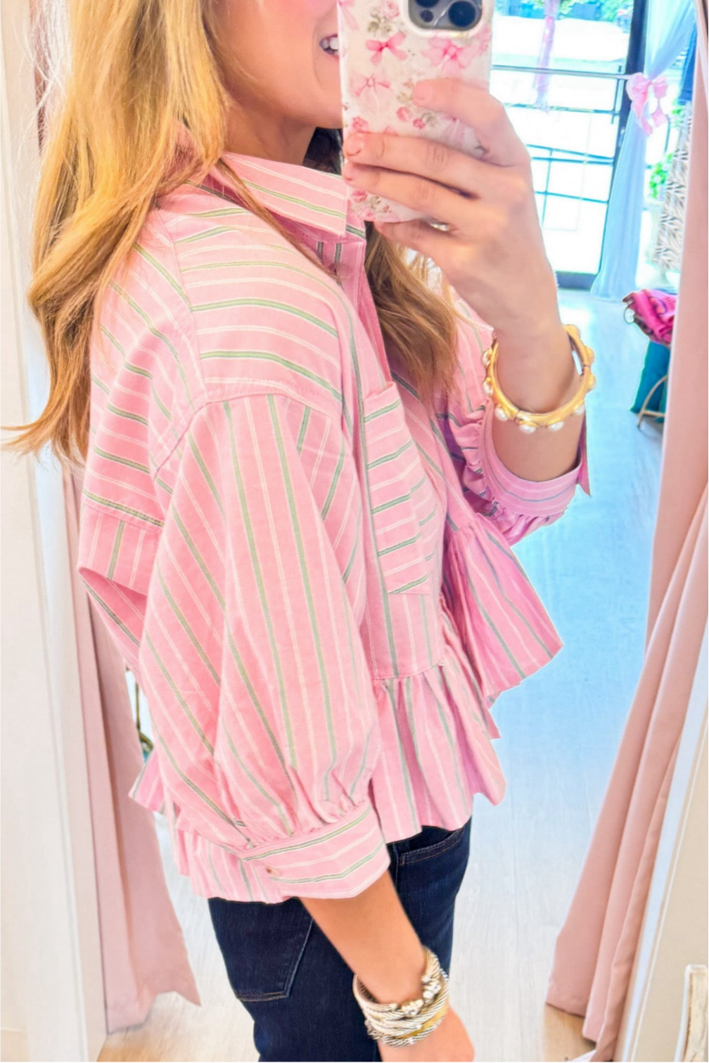 Pink and Green Stripe Ruffle Hem Top