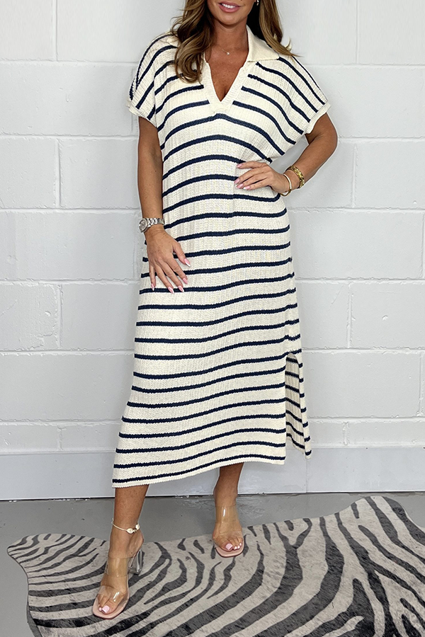 Stripe Knit Midi V Neck Dress