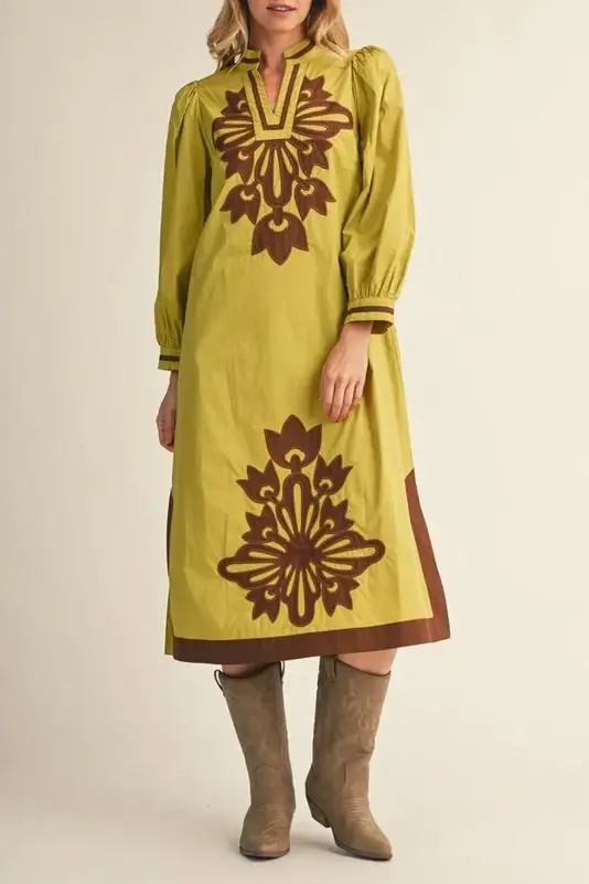 Floral Applique Midi Dress Brown