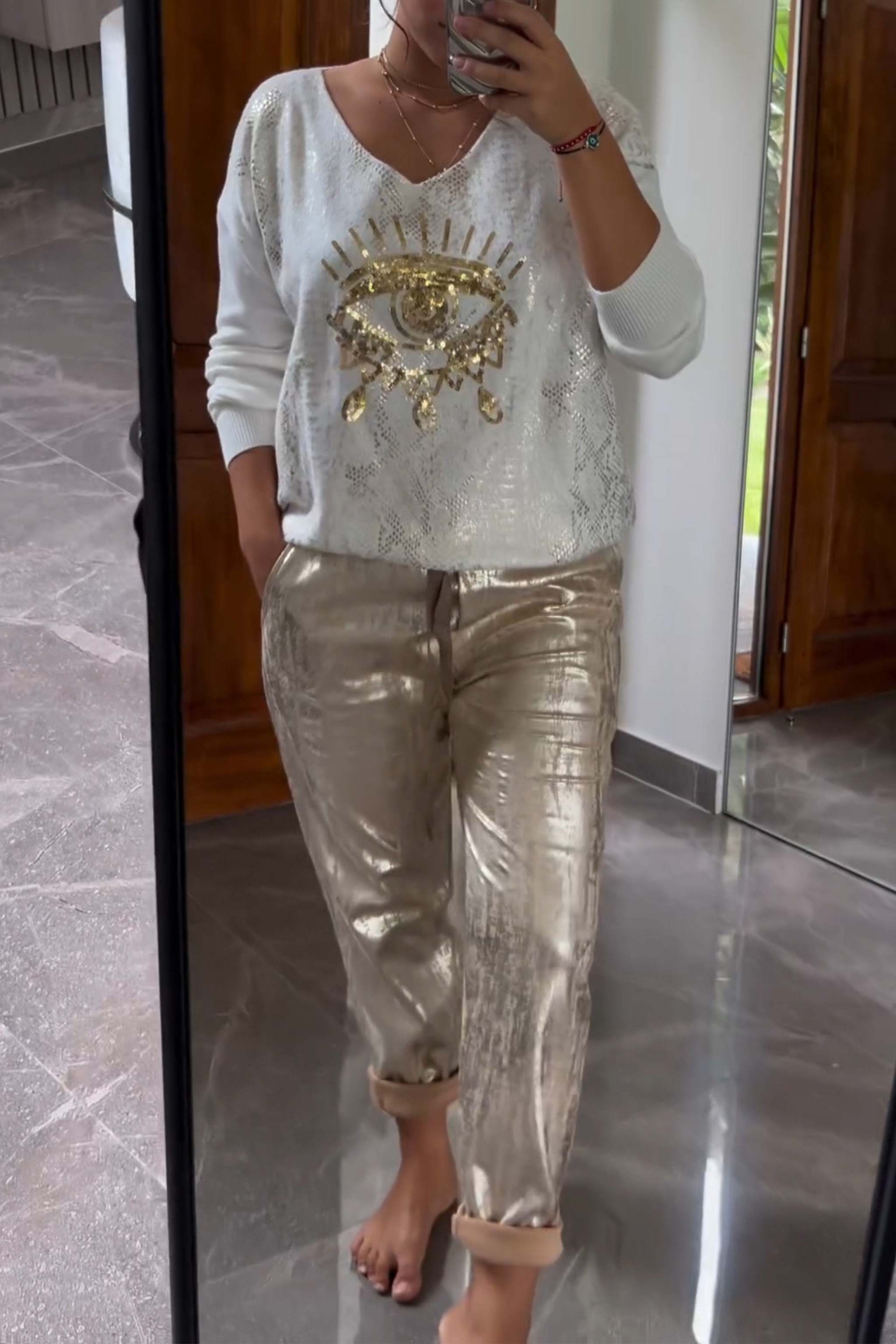 Fashionable Sequin Top and Bronzing Trousers Two-Piece Set
