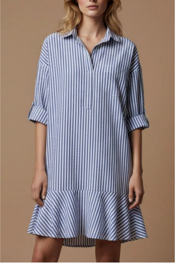 Roll-Up Sleeve Striped Mini Shirt Dress