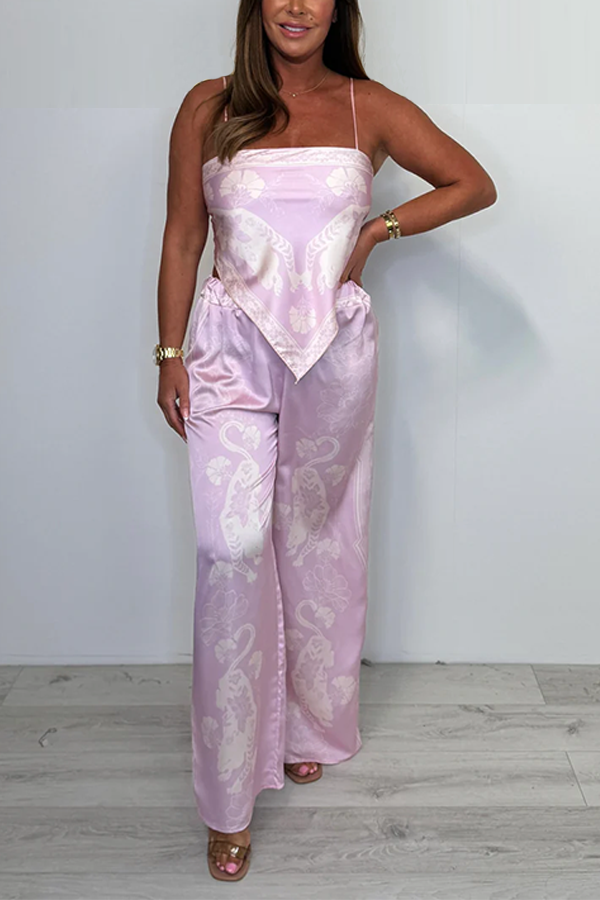 Satin Tiger Leaf Print Scarf Style Top & Trouser Co-Ord