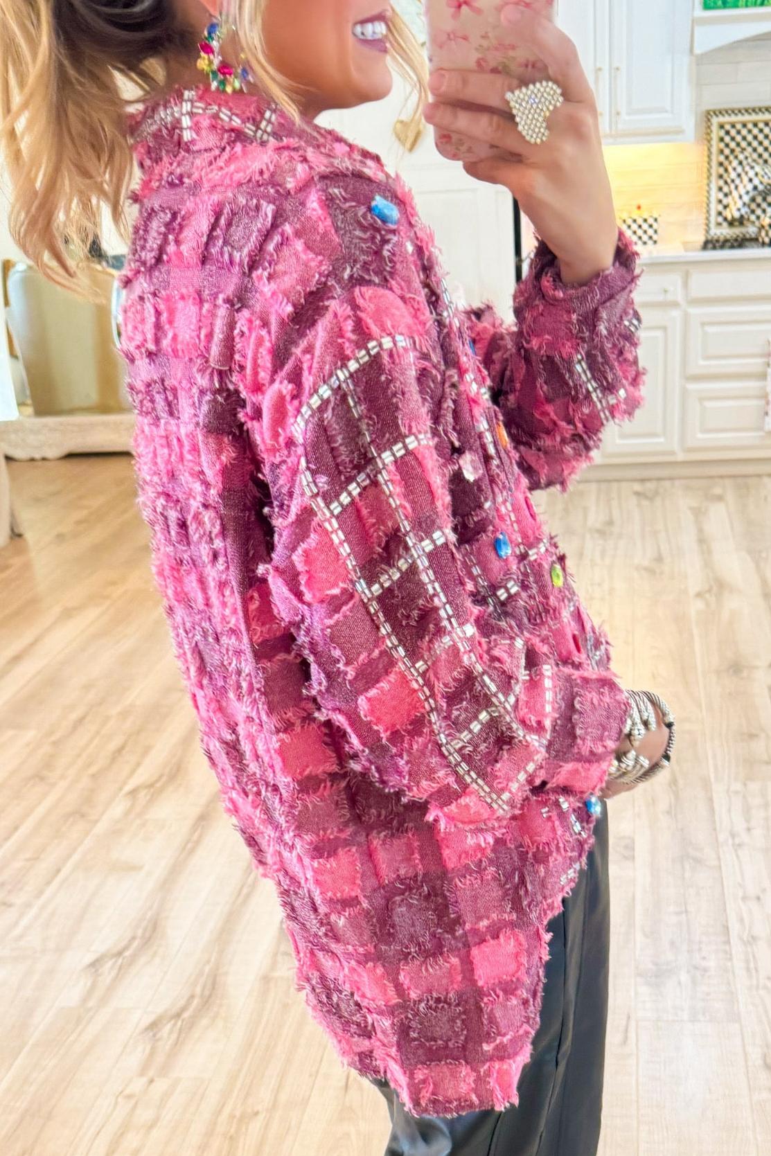 Pink Chic Rhinestone Checkered Shirt