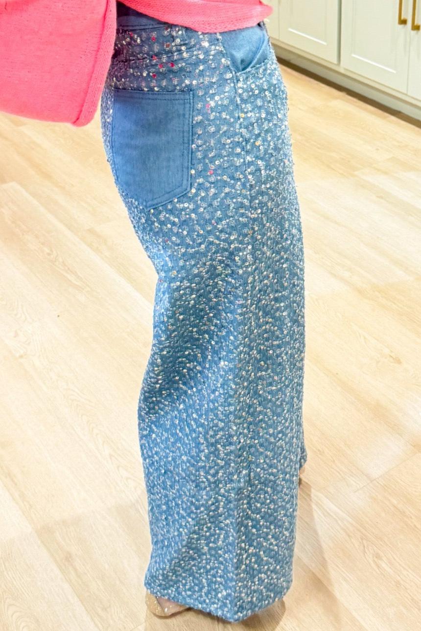 Light Denim Sequin Embellished Jeans
