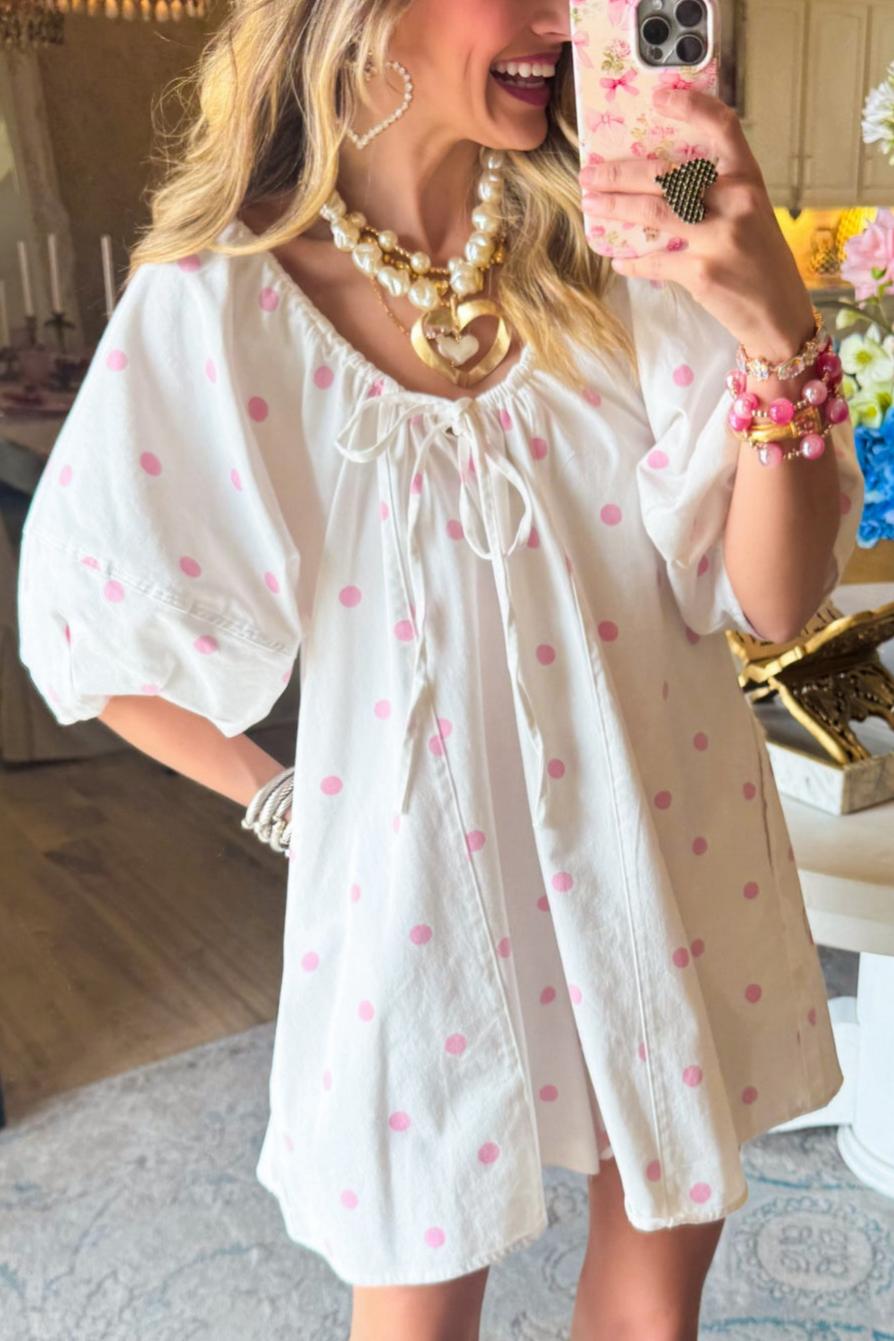 Pink and White Polka Dot Bubble Sleeve Romper