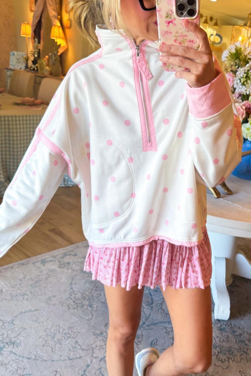 Pink Polka Dot Pullover Sweatshirt