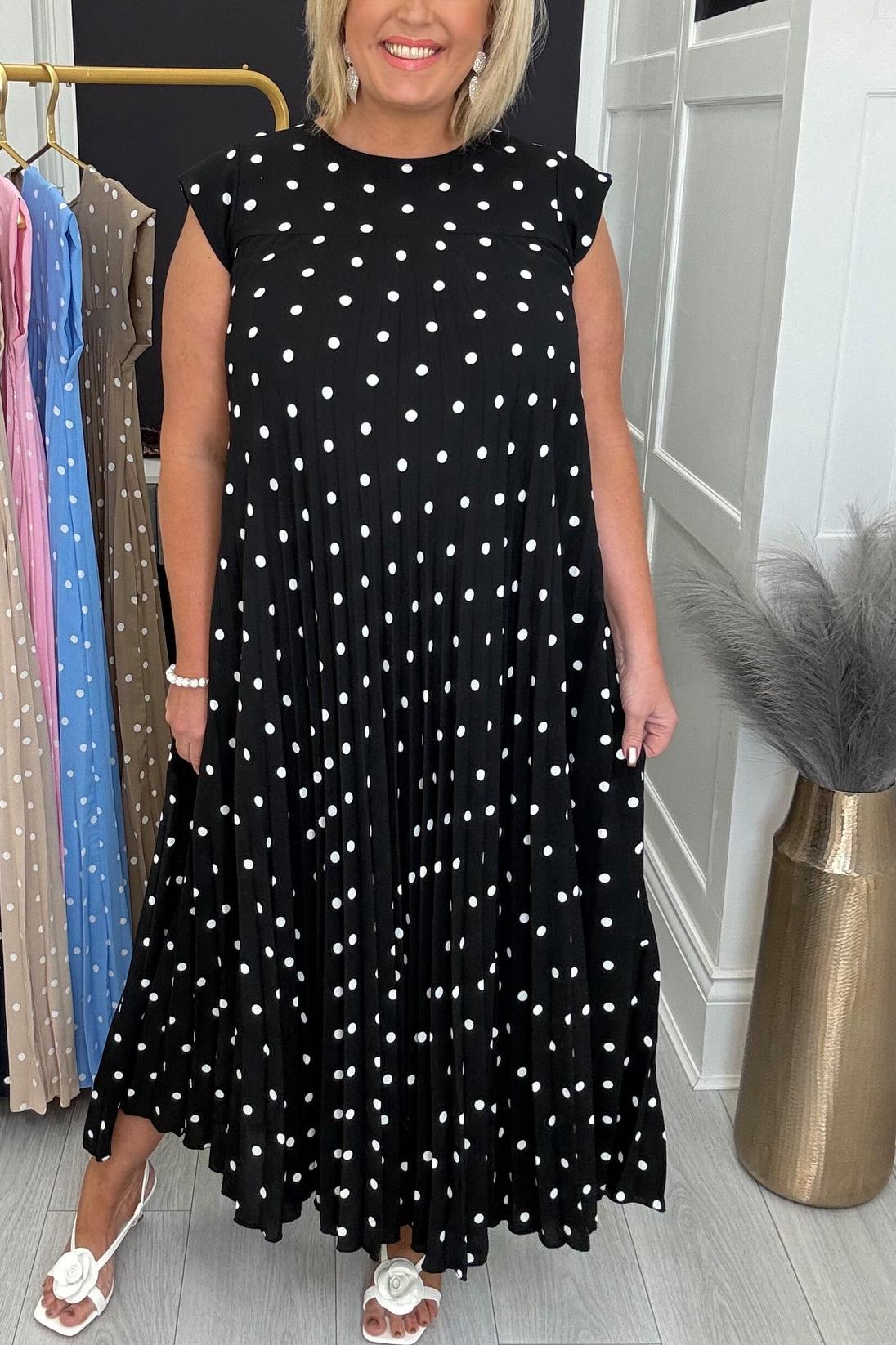 Wrinkle-Resistant Polka Dot Pleated Pocket Midi Dress