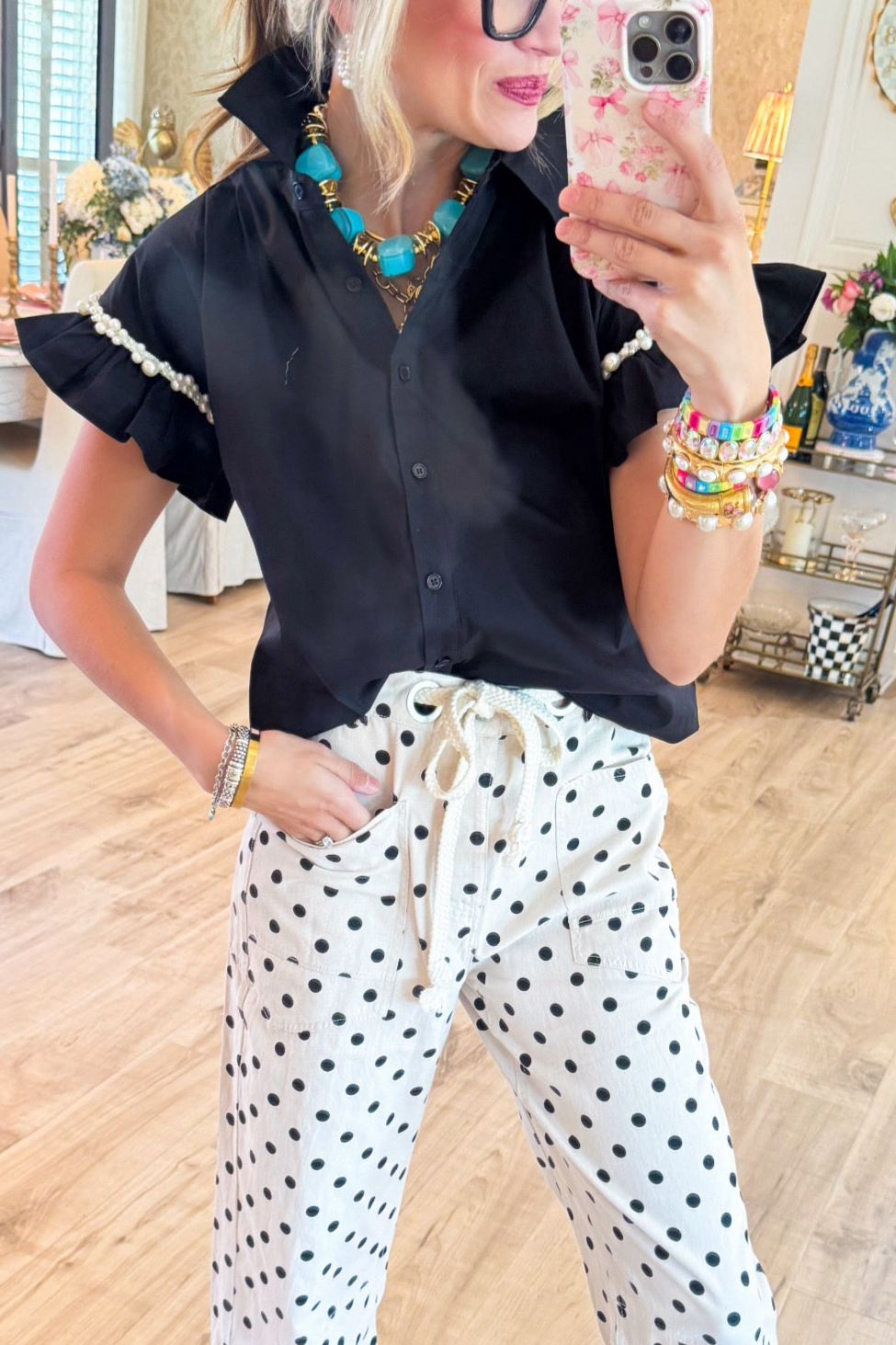Black Pearl Ruffle Sleeve Top