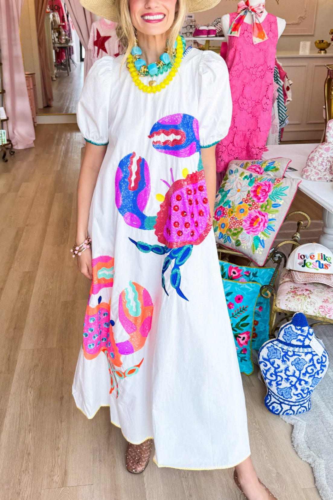 White Multi Crab Midi Dress