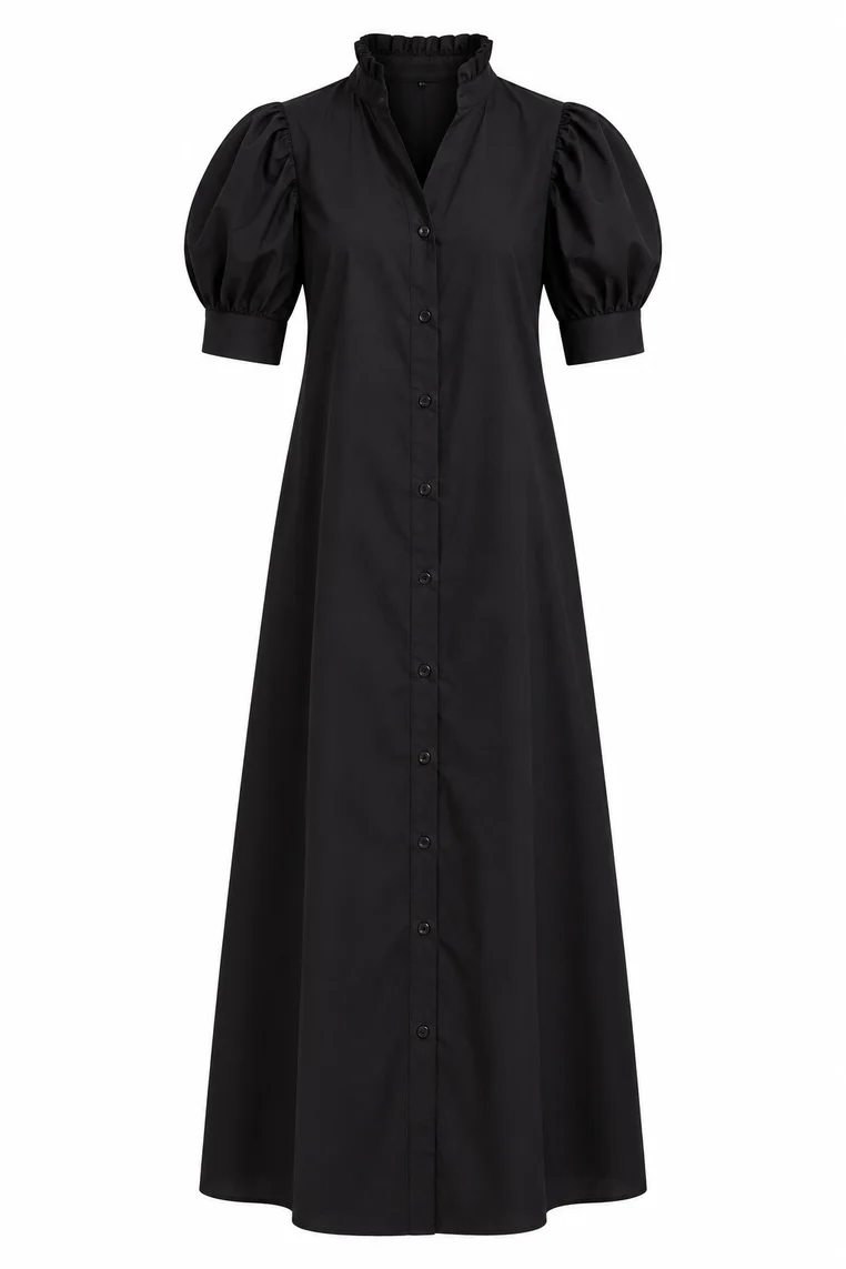 Solid Poplin Ruffle Neck Shirt Dress