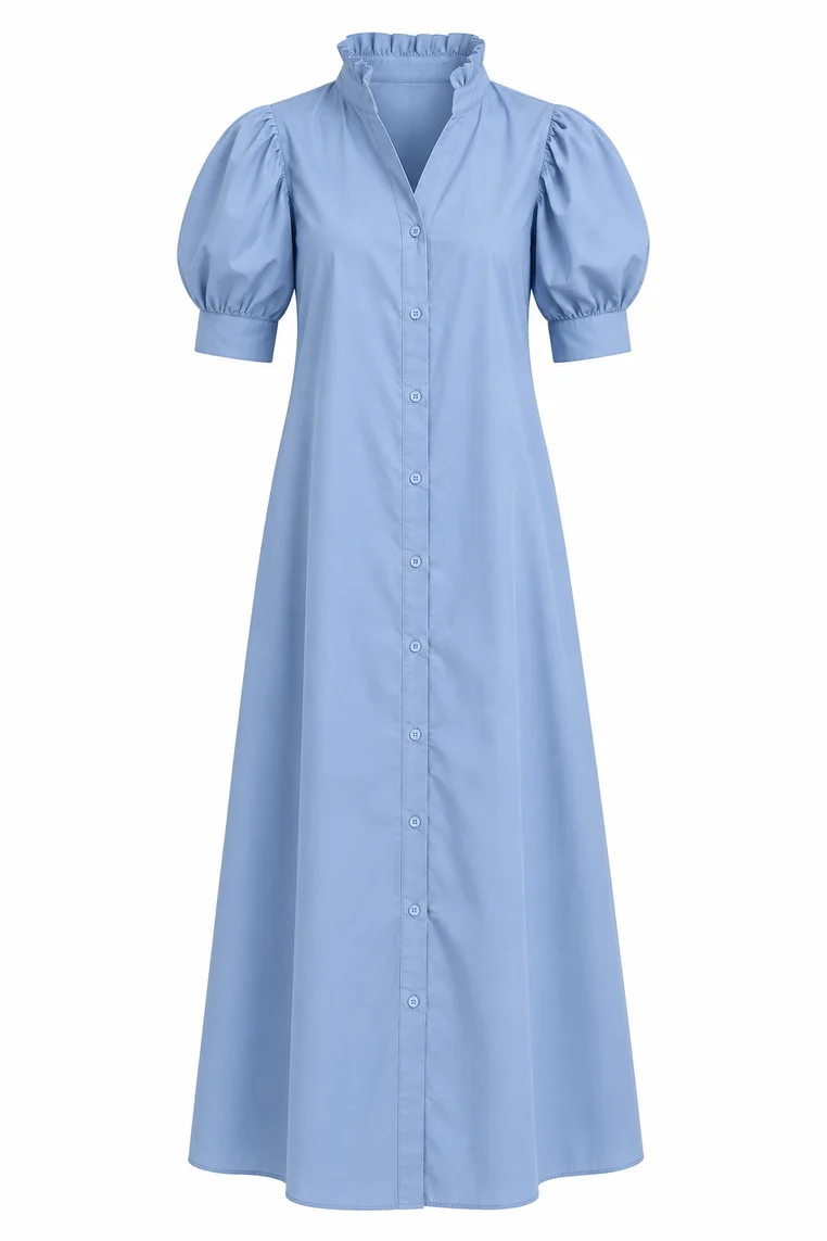 Solid Poplin Ruffle Neck Shirt Dress