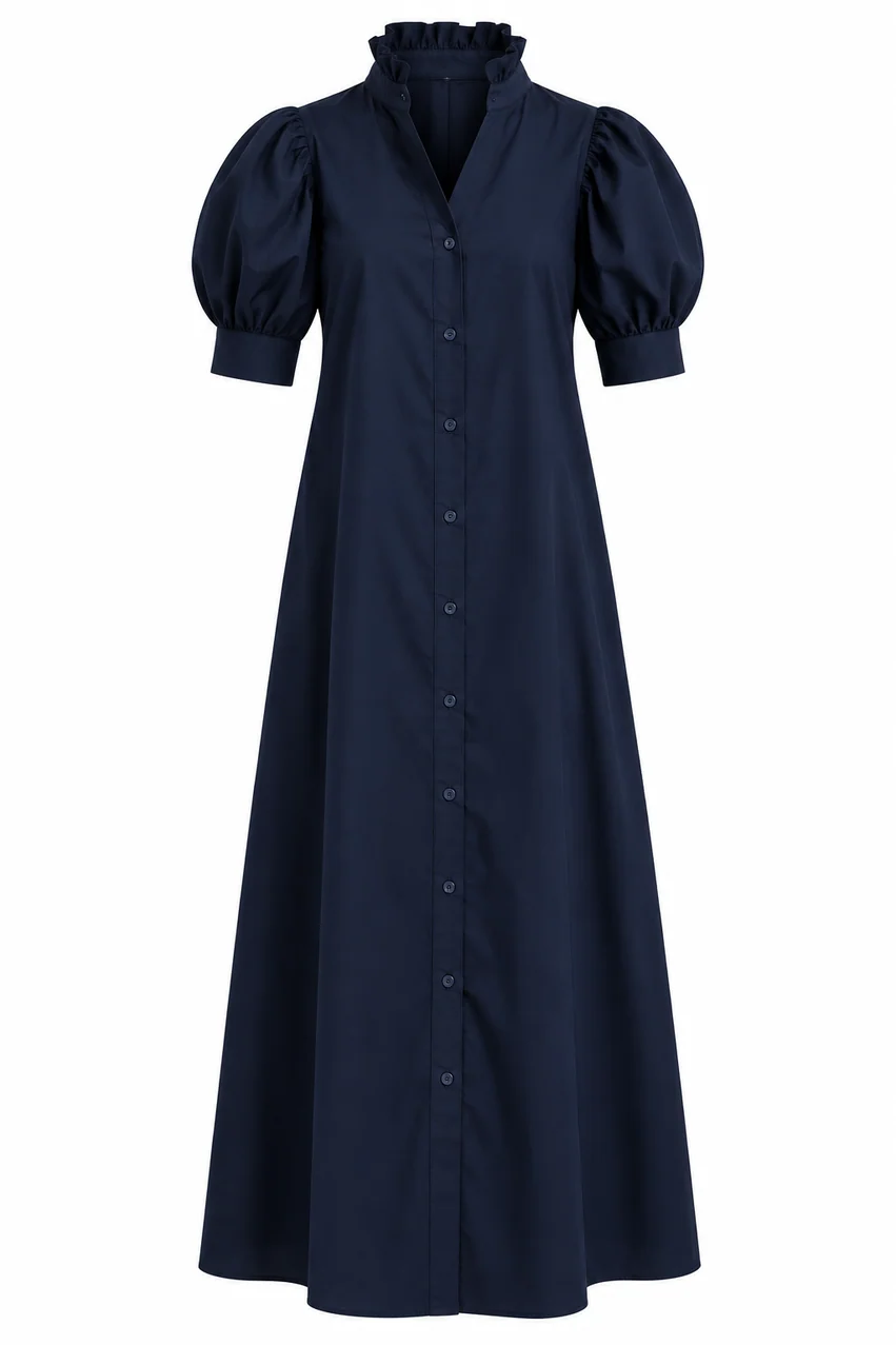 Solid Poplin Ruffle Neck Shirt Dress