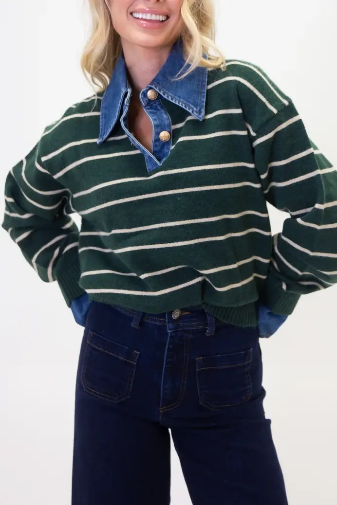 Stripe Varsity Denim Collar Sweater