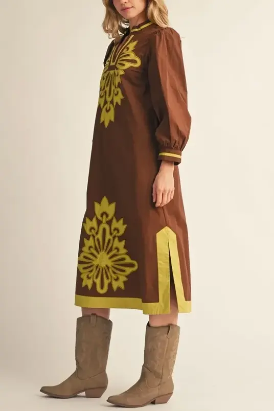 Floral Applique Midi Dress Brown