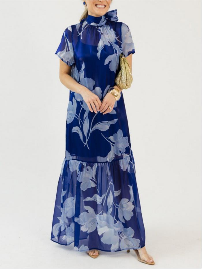 Organza High-Neck Long Dress